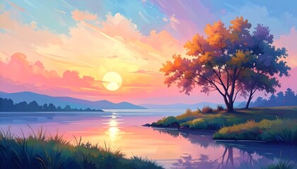 Pastel sunrise over a lake with a lone tree