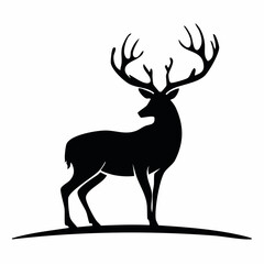 Obraz premium Elegant black silhouette of a majestic stag with large antlers, a noble wildlife symbol isolated on white background