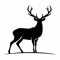 Elegant black silhouette of a majestic stag with large antlers standing proudly on a white background. Vector graphic illustration