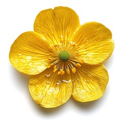 Yellow buttercup flower with wet petals, isolated on white.
