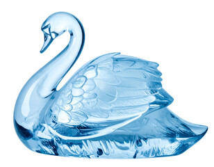  A finely carved ice sculpture in the shape of a swan, viewed from the front, smooth and transparent with reflective highlights, detailed feather texture visible,  isolated on a transparent background