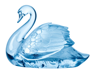  A finely carved ice sculpture in the shape of a swan, viewed from the front, smooth and transparent with reflective highlights, detailed feather texture visible,  isolated on a transparent background