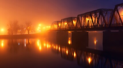 Fototapeta premium A serene night scene of a foggy river with a glowing bridge reflecting on the water, creating a tranquil atmosphere
