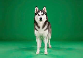 Full-Body Portrait of a Black and White Siberian Husky Against a Green Background