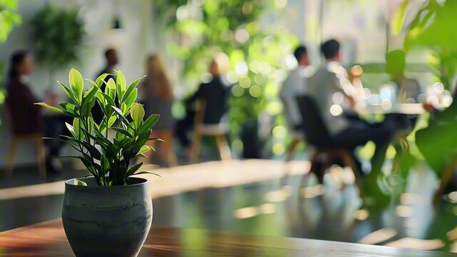 Potted green plant on desk in sunlit modern office with blurred business meeting in background, showing tense body language. Concept of workplace negotiation and office refusal