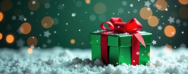Elegant green gift box, bright red bow, festive winter backdrop Perfect for holiday greetings , festive season, gift box with bow