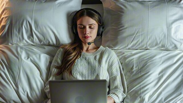 Young caucasian woman wearing headphones lying in bed with eyes closed, laptop resting on her lap, soft daylight and minimal decor. Concept of remote work and mental recharge