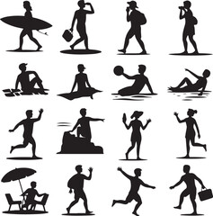 Silhouette Collection Of People Enjoying Various Beach Activities Keywords: silhouette, people