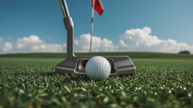 A close-up shot of a golf ball and putter, with a red flag waving in the distance, showcasing the precision and focus of the game - Powered by Adobe