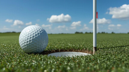 Obraz premium Golf ball on the green near a golf hole