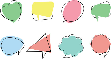Several colorful geometric speech bubbles with simple black outlines on a white transparent background