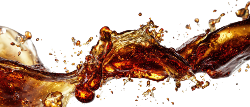 A dynamic, close-up view of dark brown liquid in motion, exhibiting swirling currents and bursts of effervescent spray