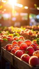 Peaches at a market stall in sunlight