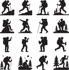 Silhouette Collection Of Hikers And Mountain Climbers With Backpacks Keywords: silhouette, hiker