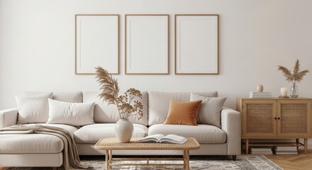 Elegant Living Room Interior with Neutral Tones and Three Blank Frames