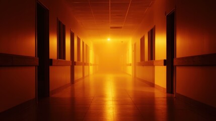 Dimly lit hospital corridor with fog and shadows, creating an eerie atmosphere for a suspenseful scene