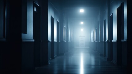 Dimly lit corridor in an eerie building, creating a mysterious atmosphere with fog and shadows