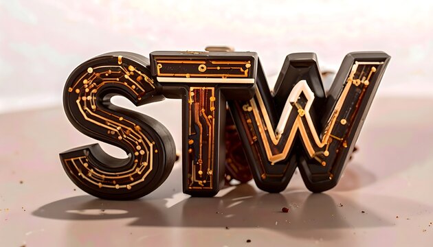 Dark, stylized letters "STW" feature intricate circuit board designs in gold accents, creating a modern and technological aesthetic.