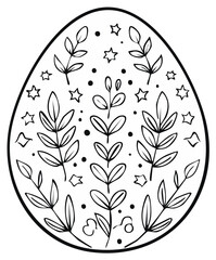 Black and white Easter egg illustration with leaves, branches, stars, dots, hand drawn