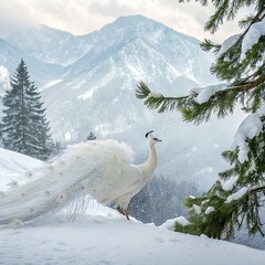 A white peacock spreading its feathers against the backdrop of snowy mountains and pine trees.