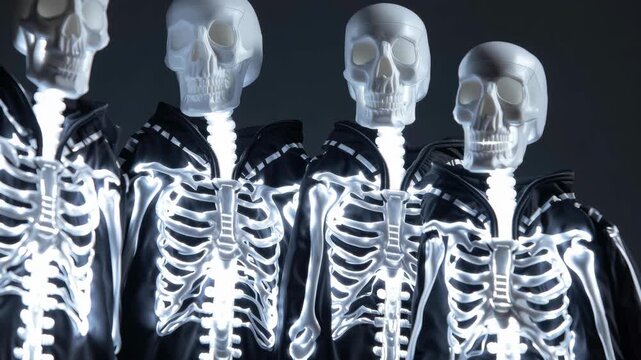 Glowing skeleton family halloween costume posing in dark setting with dramatic lighting eerie portrait illuminated skull ribcage spine glowing mood