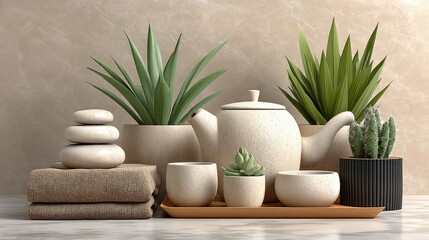Fototapeta premium Serene zen arrangement stacked stones, tea set, towels, potted plants on a marble surface