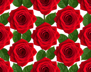 Seamless Red Rose Pattern with Green Leaves Isolated on Transparent Background PNG