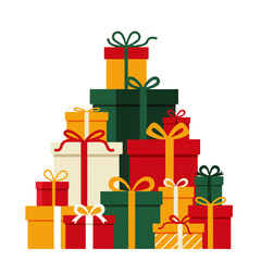 A stack of colorful gift boxes arranged in a pyramid shape, decorated with ribbons and bows, isolated on a white background.