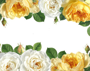 Vintage White and Yellow Rose Border with Leaves and Small Buds Isolated on Transparent Background PNG