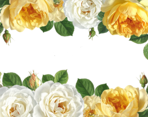Vintage White and Yellow Rose Border with Leaves and Small Buds Isolated on Transparent Background PNG
