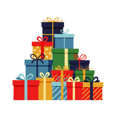 Stack of colorful gift boxes with ribbons and bows, arranged in a festive pyramid shape against a white background.