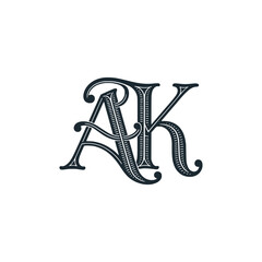 Letter A K victoria style with curve floral decoration. Black white vector illustration.	