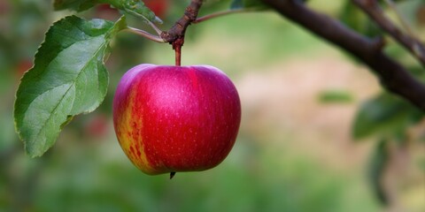 Obraz premium A single, vibrant red apple hangs from a tree branch, with green leaves and soft background.