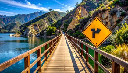 Scenic mountain lake wooden bridge