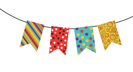 Colorful festive celebration bunting flags hanging on a string for party decorations and joyful events