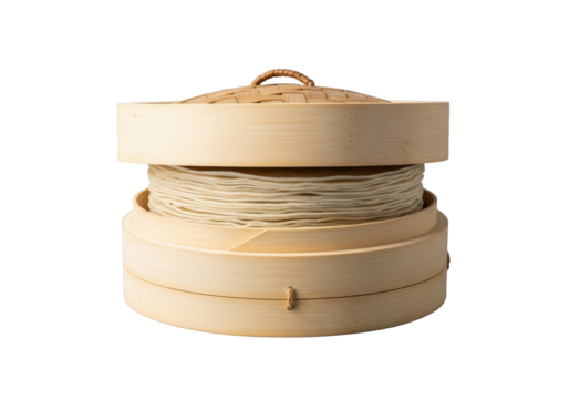 Delicate stack of pale off-white Mandarin pancakes (bao bing) in a covered traditional bamboo steamer, isolated on transparent, soft studio light. Concept of Asian culinary readiness