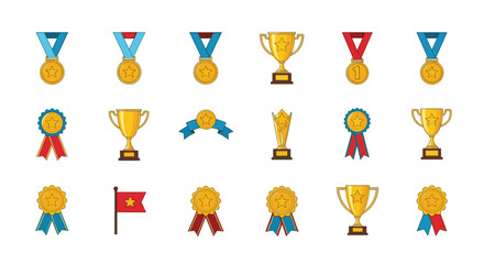 Collection of various trophies medals and awards representing achievement and victory
