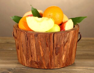 Wooden bowl filled with assorted fruits