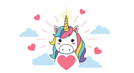Naklejka premium Enchanting rainbow mane unicorn with heart and clouds magical fantasy creature illustration