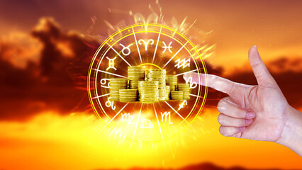 Horoscope with zodiac signs and money coins like astrology and money and astrology and wealth...