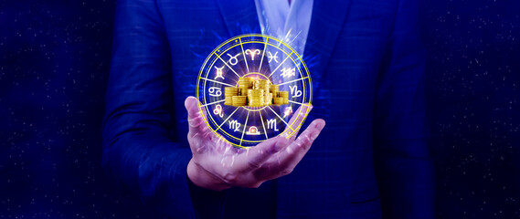 Horoscope with zodiac signs and money coins like astrology and money and astrology and wealth concept, Financial horoscope concept.