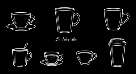 Fototapeta premium Line art illustration of various coffee cups on a black background.
