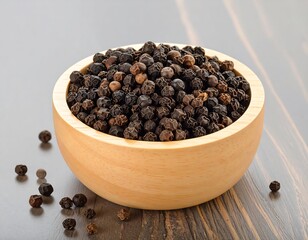 Wooden bowl of peppercorns