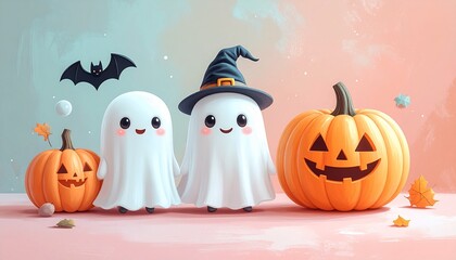 Generated image かわいいおばけとコウモリとかぼちゃのイラスト 楽しいハロウィン © 海 春
