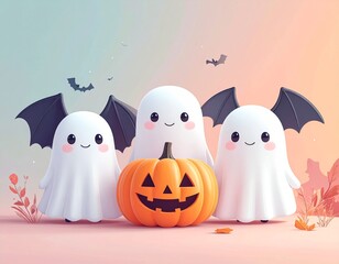 Obraz premium Generated image かわいいおばけとコウモリとかぼちゃのイラスト 楽しいハロウィン