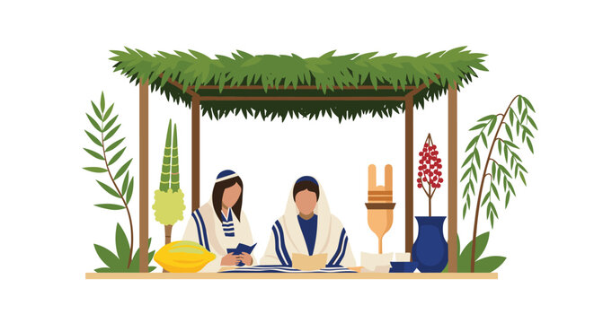 Traditional jewish wedding ceremony under a decorated sukkah outdoors with guests attending celebrating the sacred union