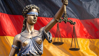 A bronze statue of justice, blindfolded, holds aloft a scale of justice against a backdrop of the German flag, displaying a serious and impartial theme.