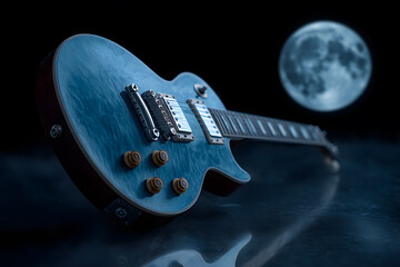 a blue guitar sitting in front of a full moon