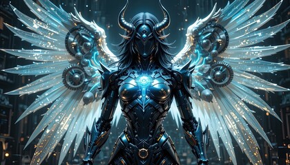 A powerful, futuristic female figure, armored in dark metal, stands amidst a dark, urban backdrop, showcasing elaborate, mechanical angel wings adorned with intricate gears and glowing blue accents.
