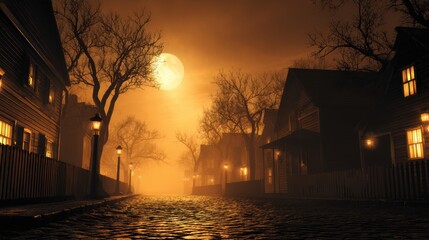 Eerie night scene with a full moon illuminating a foggy street lined by old houses and barren trees